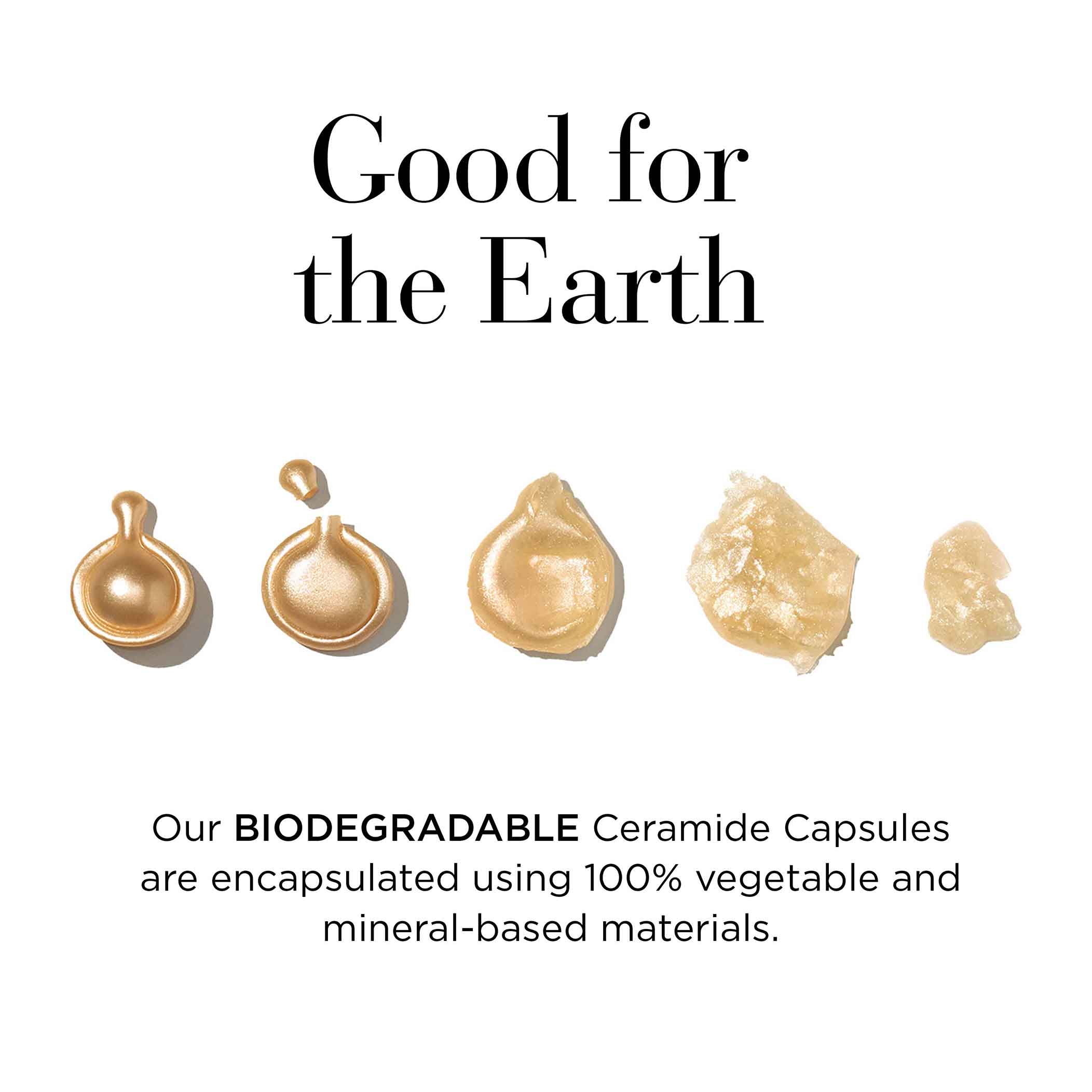 Our biodegradable ceramide capsules are encapsulated using 100% vegetable and mineral-based materials