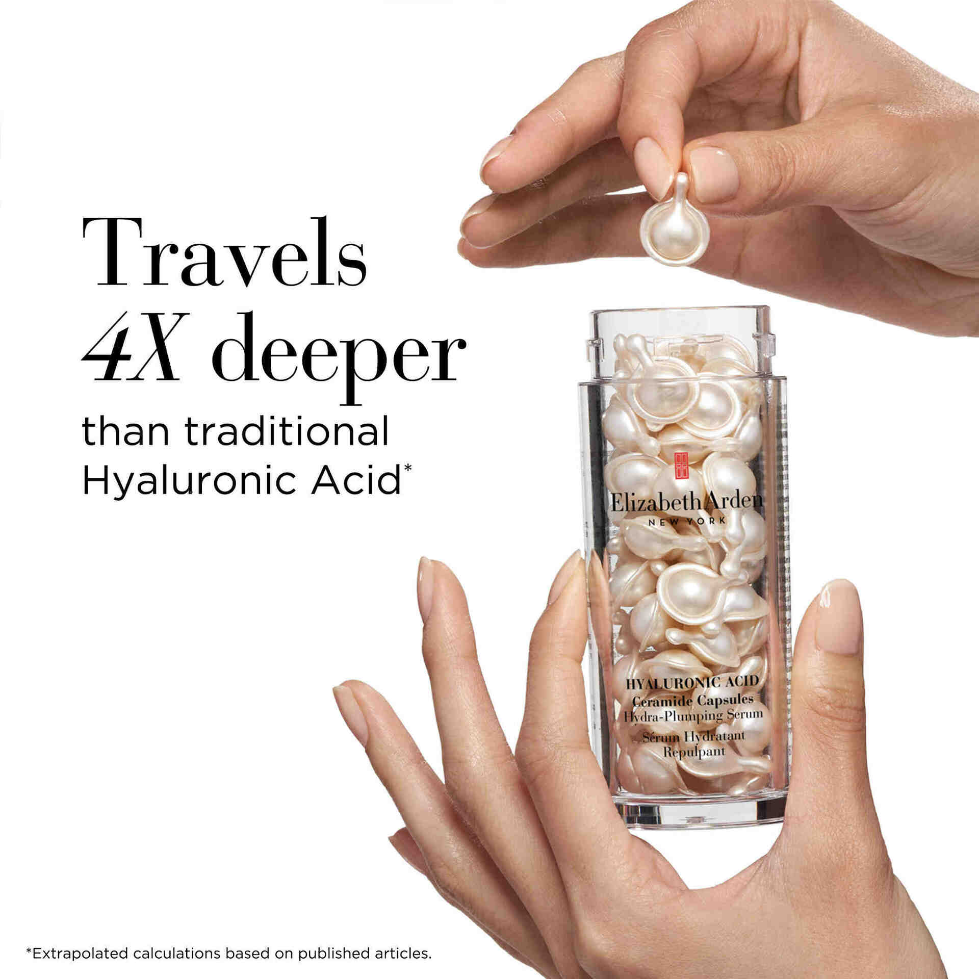 Travels 4x deeper than traditional Hyaluronic Acid extrapolated based on Published articles and molecular weight of HA. Plump skin, redefine facial contours and hydrate parched skin for a dewy glow